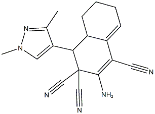 2-amino-4-(1,3-dimethyl-1H-pyrazol-4-yl)-4a,5,6,7-tetrahydro-1,3,3(4H)-naphthalenetricarbonitrile 化学構造式