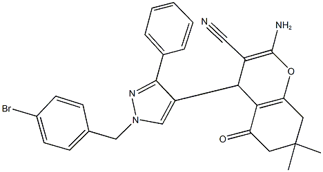 2-amino-4-[1-(4-bromobenzyl)-3-phenyl-1H-pyrazol-4-yl]-7,7-dimethyl-5-oxo-5,6,7,8-tetrahydro-4H-chromene-3-carbonitrile 结构式