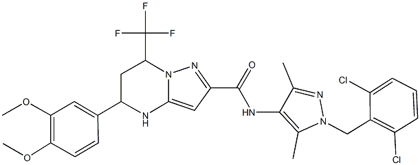 N-[1-(2,6-dichlorobenzyl)-3,5-dimethyl-1H-pyrazol-4-yl]-5-(3,4-dimethoxyphenyl)-7-(trifluoromethyl)-4,5,6,7-tetrahydropyrazolo[1,5-a]pyrimidine-2-carboxamide,492427-41-5,结构式