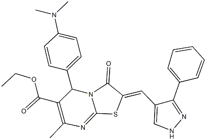 ethyl 5-[4-(dimethylamino)phenyl]-7-methyl-3-oxo-2-[(3-phenyl-1H-pyrazol-4-yl)methylene]-2,3-dihydro-5H-[1,3]thiazolo[3,2-a]pyrimidine-6-carboxylate Structure