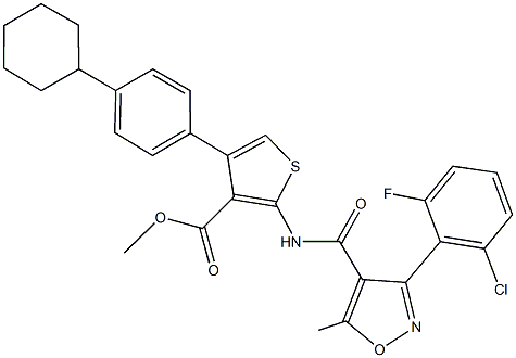 methyl 2-({[3-(2-chloro-6-fluorophenyl)-5-methylisoxazol-4-yl]carbonyl}amino)-4-(4-cyclohexylphenyl)thiophene-3-carboxylate 化学構造式