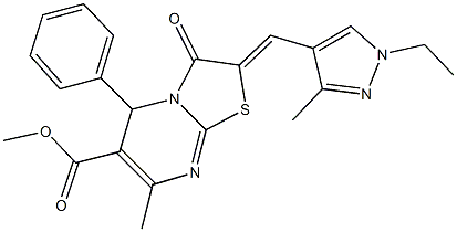 methyl 2-[(1-ethyl-3-methyl-1H-pyrazol-4-yl)methylene]-7-methyl-3-oxo-5-phenyl-2,3-dihydro-5H-[1,3]thiazolo[3,2-a]pyrimidine-6-carboxylate,492455-92-2,结构式