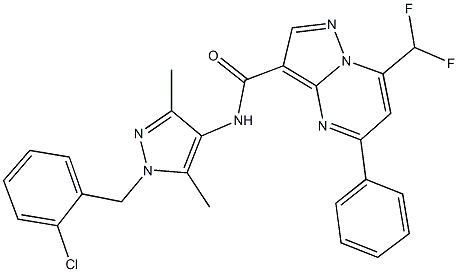 N-[1-(2-chlorobenzyl)-3,5-dimethyl-1H-pyrazol-4-yl]-7-(difluoromethyl)-5-phenylpyrazolo[1,5-a]pyrimidine-3-carboxamide 化学構造式