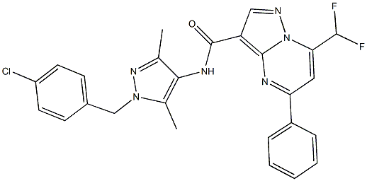 N-[1-(4-chlorobenzyl)-3,5-dimethyl-1H-pyrazol-4-yl]-7-(difluoromethyl)-5-phenylpyrazolo[1,5-a]pyrimidine-3-carboxamide 化学構造式