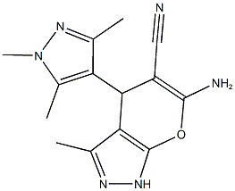 6-amino-3-methyl-4-(1,3,5-trimethyl-1H-pyrazol-4-yl)-1,4-dihydropyrano[2,3-c]pyrazole-5-carbonitrile 化学構造式