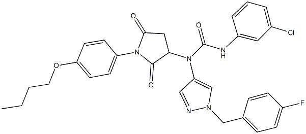 N-[1-(4-butoxyphenyl)-2,5-dioxo-3-pyrrolidinyl]-N'-(3-chlorophenyl)-N-[1-(4-fluorobenzyl)-1H-pyrazol-4-yl]urea,492457-76-8,结构式