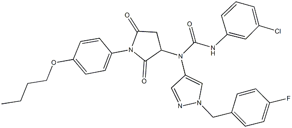 N-[1-(4-butoxyphenyl)-2,5-dioxo-3-pyrrolidinyl]-N'-(3-chlorophenyl)-N-[1-(4-fluorobenzyl)-1H-pyrazol-4-yl]urea Structure