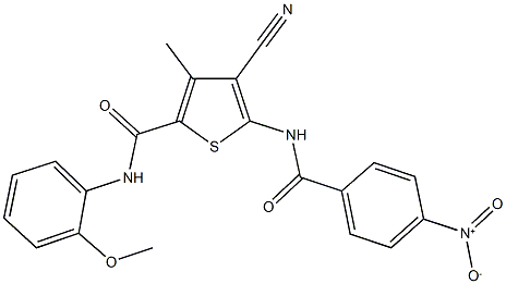 4-cyano-5-({4-nitrobenzoyl}amino)-N-(2-methoxyphenyl)-3-methyl-2-thiophenecarboxamide Struktur