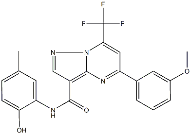 N-(2-hydroxy-5-methylphenyl)-5-[3-(methyloxy)phenyl]-7-(trifluoromethyl)pyrazolo[1,5-a]pyrimidine-3-carboxamide Struktur