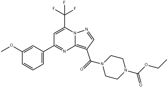 ethyl 4-{[5-[3-(methyloxy)phenyl]-7-(trifluoromethyl)pyrazolo[1,5-a]pyrimidin-3-yl]carbonyl}piperazine-1-carboxylate Struktur