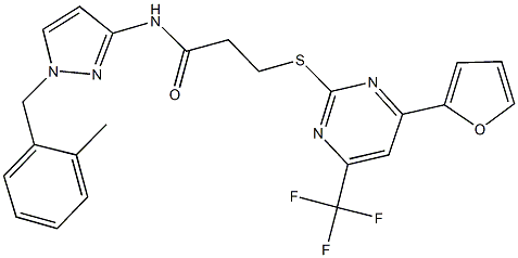 3-{[4-(2-furyl)-6-(trifluoromethyl)-2-pyrimidinyl]sulfanyl}-N-[1-(2-methylbenzyl)-1H-pyrazol-3-yl]propanamide 化学構造式