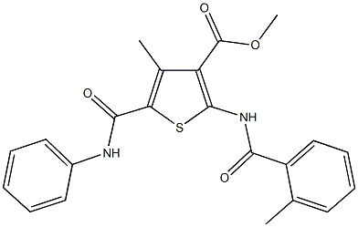 methyl 4-methyl-2-{[(2-methylphenyl)carbonyl]amino}-5-[(phenylamino)carbonyl]thiophene-3-carboxylate 化学構造式