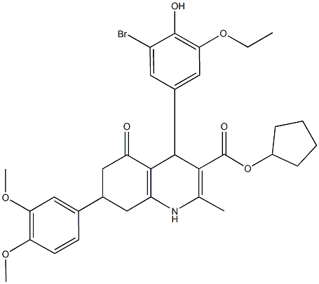 cyclopentyl 4-(3-bromo-5-ethoxy-4-hydroxyphenyl)-7-(3,4-dimethoxyphenyl)-2-methyl-5-oxo-1,4,5,6,7,8-hexahydro-3-quinolinecarboxylate 化学構造式