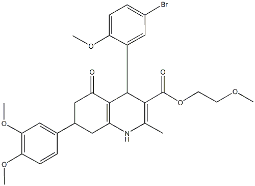 2-methoxyethyl 4-(5-bromo-2-methoxyphenyl)-7-(3,4-dimethoxyphenyl)-2-methyl-5-oxo-1,4,5,6,7,8-hexahydro-3-quinolinecarboxylate,493034-37-0,结构式