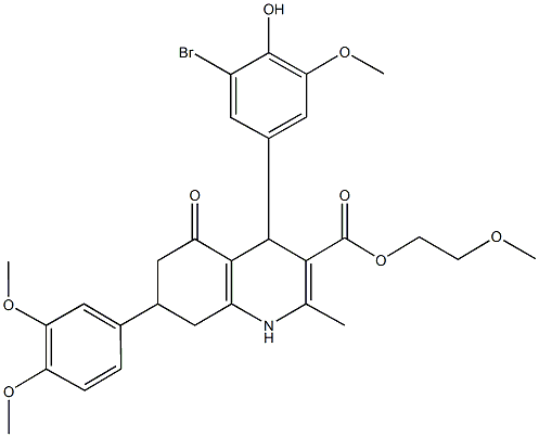 2-methoxyethyl 4-(3-bromo-4-hydroxy-5-methoxyphenyl)-7-(3,4-dimethoxyphenyl)-2-methyl-5-oxo-1,4,5,6,7,8-hexahydro-3-quinolinecarboxylate,493034-39-2,结构式