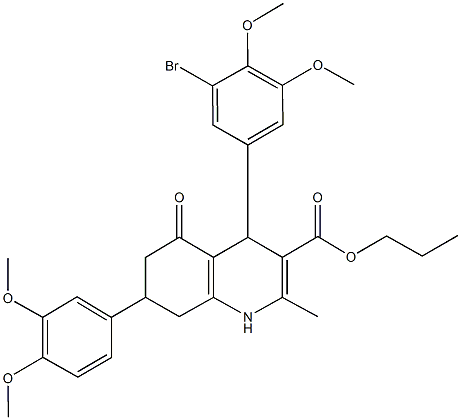 propyl 4-(3-bromo-4,5-dimethoxyphenyl)-7-(3,4-dimethoxyphenyl)-2-methyl-5-oxo-1,4,5,6,7,8-hexahydro-3-quinolinecarboxylate 结构式