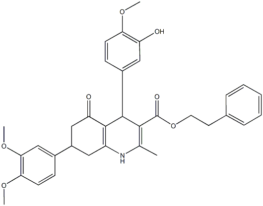 2-phenylethyl 7-(3,4-dimethoxyphenyl)-4-(3-hydroxy-4-methoxyphenyl)-2-methyl-5-oxo-1,4,5,6,7,8-hexahydro-3-quinolinecarboxylate,493034-49-4,结构式