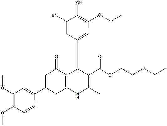 2-(ethylsulfanyl)ethyl 4-(3-bromo-5-ethoxy-4-hydroxyphenyl)-7-(3,4-dimethoxyphenyl)-2-methyl-5-oxo-1,4,5,6,7,8-hexahydro-3-quinolinecarboxylate Struktur