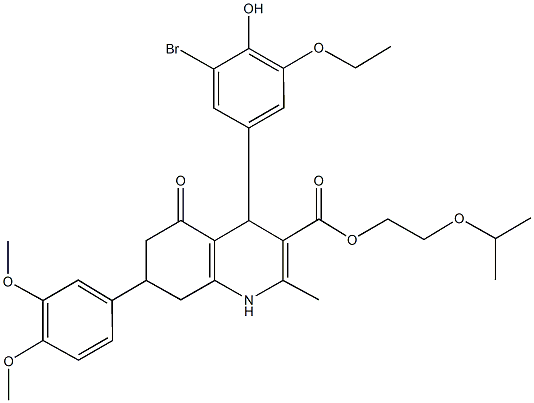 2-isopropoxyethyl 4-(3-bromo-5-ethoxy-4-hydroxyphenyl)-7-(3,4-dimethoxyphenyl)-2-methyl-5-oxo-1,4,5,6,7,8-hexahydro-3-quinolinecarboxylate,493034-52-9,结构式