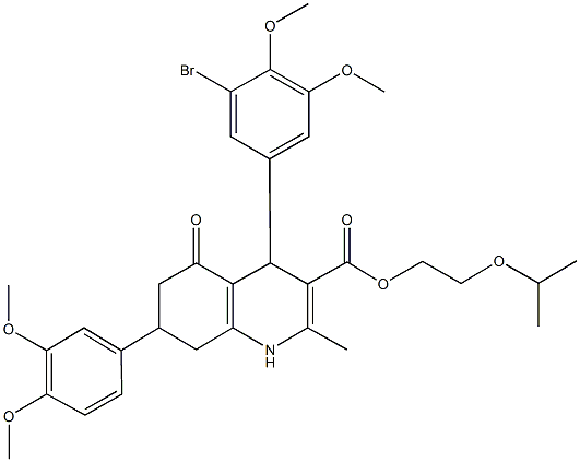 2-isopropoxyethyl 4-(3-bromo-4,5-dimethoxyphenyl)-7-(3,4-dimethoxyphenyl)-2-methyl-5-oxo-1,4,5,6,7,8-hexahydro-3-quinolinecarboxylate,494193-68-9,结构式