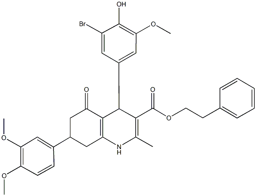 2-phenylethyl 4-(3-bromo-4-hydroxy-5-methoxyphenyl)-7-(3,4-dimethoxyphenyl)-2-methyl-5-oxo-1,4,5,6,7,8-hexahydro-3-quinolinecarboxylate,494193-99-6,结构式