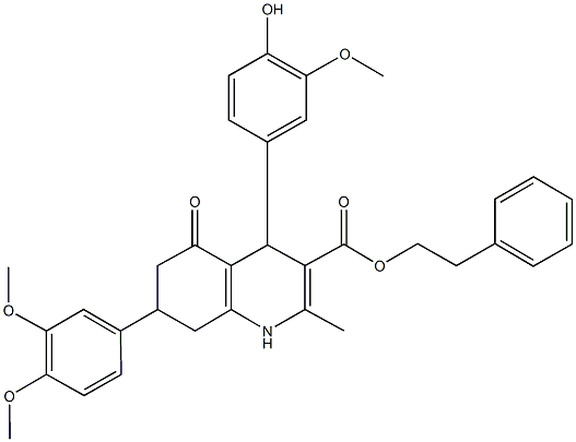 2-phenylethyl 7-(3,4-dimethoxyphenyl)-4-(4-hydroxy-3-methoxyphenyl)-2-methyl-5-oxo-1,4,5,6,7,8-hexahydro-3-quinolinecarboxylate Structure