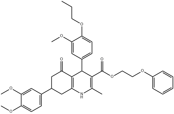 2-phenoxyethyl 7-(3,4-dimethoxyphenyl)-4-(3-methoxy-4-propoxyphenyl)-2-methyl-5-oxo-1,4,5,6,7,8-hexahydro-3-quinolinecarboxylate Struktur