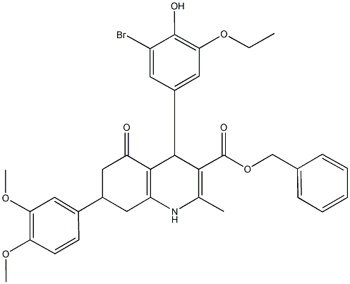 benzyl 4-(3-bromo-5-ethoxy-4-hydroxyphenyl)-7-(3,4-dimethoxyphenyl)-2-methyl-5-oxo-1,4,5,6,7,8-hexahydro-3-quinolinecarboxylate Struktur