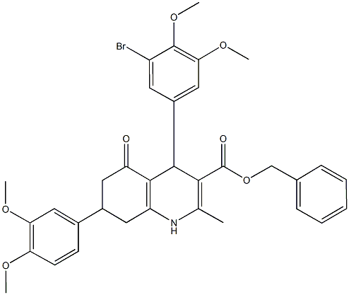 benzyl 4-(3-bromo-4,5-dimethoxyphenyl)-7-(3,4-dimethoxyphenyl)-2-methyl-5-oxo-1,4,5,6,7,8-hexahydro-3-quinolinecarboxylate 化学構造式