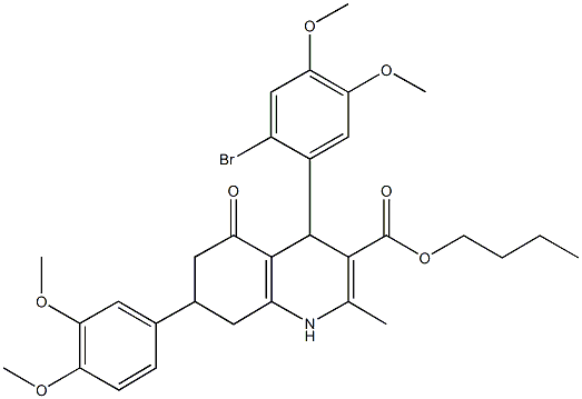 butyl 4-(2-bromo-4,5-dimethoxyphenyl)-7-(3,4-dimethoxyphenyl)-2-methyl-5-oxo-1,4,5,6,7,8-hexahydro-3-quinolinecarboxylate 化学構造式