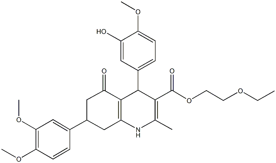 2-ethoxyethyl 7-(3,4-dimethoxyphenyl)-4-(3-hydroxy-4-methoxyphenyl)-2-methyl-5-oxo-1,4,5,6,7,8-hexahydro-3-quinolinecarboxylate Struktur