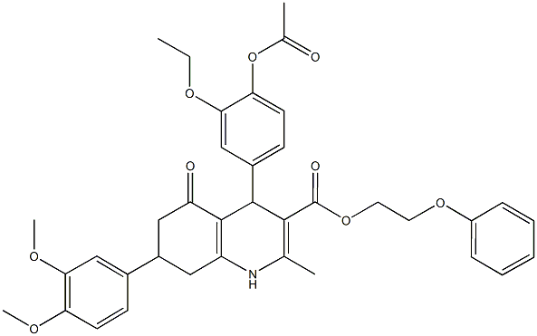 2-phenoxyethyl 4-[4-(acetyloxy)-3-ethoxyphenyl]-7-(3,4-dimethoxyphenyl)-2-methyl-5-oxo-1,4,5,6,7,8-hexahydro-3-quinolinecarboxylate Structure