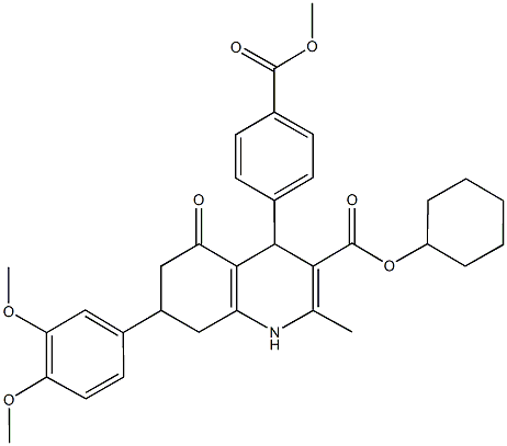 cyclohexyl 7-(3,4-dimethoxyphenyl)-4-[4-(methoxycarbonyl)phenyl]-2-methyl-5-oxo-1,4,5,6,7,8-hexahydro-3-quinolinecarboxylate 化学構造式