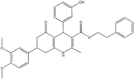 2-phenylethyl 7-(3,4-dimethoxyphenyl)-4-(3-hydroxyphenyl)-2-methyl-5-oxo-1,4,5,6,7,8-hexahydro-3-quinolinecarboxylate 结构式