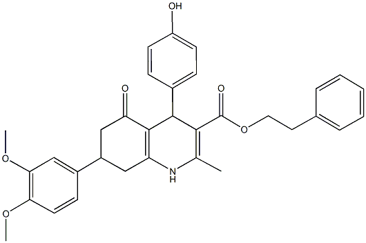 2-phenylethyl 7-(3,4-dimethoxyphenyl)-4-(4-hydroxyphenyl)-2-methyl-5-oxo-1,4,5,6,7,8-hexahydro-3-quinolinecarboxylate,494195-26-5,结构式