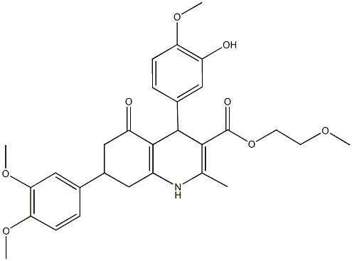 2-methoxyethyl 7-(3,4-dimethoxyphenyl)-4-(3-hydroxy-4-methoxyphenyl)-2-methyl-5-oxo-1,4,5,6,7,8-hexahydro-3-quinolinecarboxylate 结构式