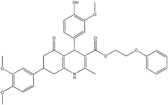 2-phenoxyethyl 7-(3,4-dimethoxyphenyl)-4-(4-hydroxy-3-methoxyphenyl)-2-methyl-5-oxo-1,4,5,6,7,8-hexahydro-3-quinolinecarboxylate 结构式