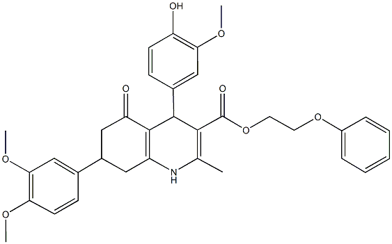 2-phenoxyethyl 7-(3,4-dimethoxyphenyl)-4-(4-hydroxy-3-methoxyphenyl)-2-methyl-5-oxo-1,4,5,6,7,8-hexahydro-3-quinolinecarboxylate Structure