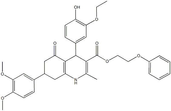 2-phenoxyethyl 7-(3,4-dimethoxyphenyl)-4-(3-ethoxy-4-hydroxyphenyl)-2-methyl-5-oxo-1,4,5,6,7,8-hexahydro-3-quinolinecarboxylate,494195-56-1,结构式