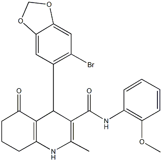 4-(6-bromo-1,3-benzodioxol-5-yl)-N-(2-methoxyphenyl)-2-methyl-5-oxo-1,4,5,6,7,8-hexahydro-3-quinolinecarboxamide,494195-89-0,结构式