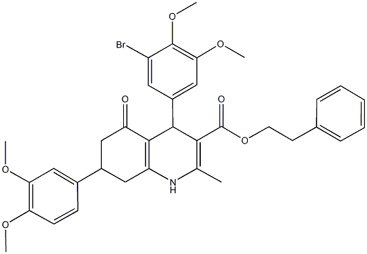 2-phenylethyl 4-(3-bromo-4,5-dimethoxyphenyl)-7-(3,4-dimethoxyphenyl)-2-methyl-5-oxo-1,4,5,6,7,8-hexahydro-3-quinolinecarboxylate,494197-59-0,结构式