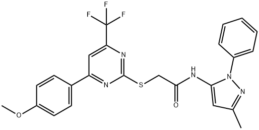 2-{[4-(4-methoxyphenyl)-6-(trifluoromethyl)-2-pyrimidinyl]sulfanyl}-N-(3-methyl-1-phenyl-1H-pyrazol-5-yl)acetamide Struktur