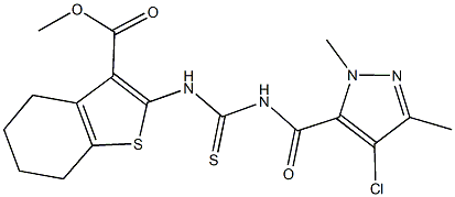 methyl 2-[({[(4-chloro-1,3-dimethyl-1H-pyrazol-5-yl)carbonyl]amino}carbothioyl)amino]-4,5,6,7-tetrahydro-1-benzothiophene-3-carboxylate 化学構造式