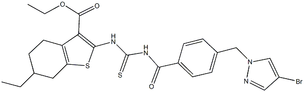 ethyl 2-{[({4-[(4-bromo-1H-pyrazol-1-yl)methyl]benzoyl}amino)carbothioyl]amino}-6-ethyl-4,5,6,7-tetrahydro-1-benzothiophene-3-carboxylate Struktur