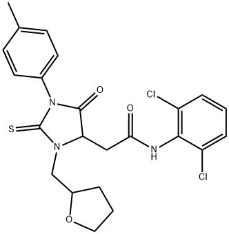 N-(2,6-dichlorophenyl)-2-[1-(4-methylphenyl)-5-oxo-3-(tetrahydro-2-furanylmethyl)-2-thioxo-4-imidazolidinyl]acetamide Struktur