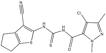 N-[(4-chloro-1,3-dimethyl-1H-pyrazol-5-yl)carbonyl]-N'-(3-cyano-5,6-dihydro-4H-cyclopenta[b]thien-2-yl)thiourea Struktur