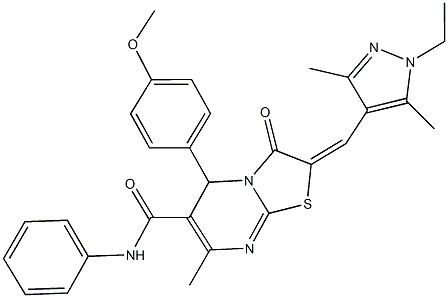 2-[(1-ethyl-3,5-dimethyl-1H-pyrazol-4-yl)methylene]-5-(4-methoxyphenyl)-7-methyl-3-oxo-N-phenyl-2,3-dihydro-5H-[1,3]thiazolo[3,2-a]pyrimidine-6-carboxamide Struktur