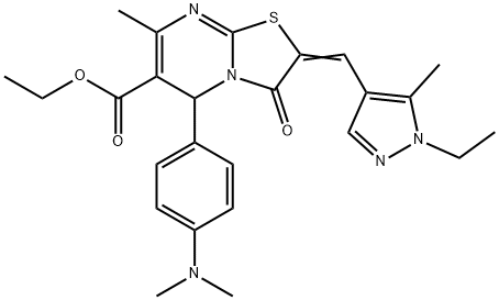 ethyl 5-[4-(dimethylamino)phenyl]-2-[(1-ethyl-5-methyl-1H-pyrazol-4-yl)methylene]-7-methyl-3-oxo-2,3-dihydro-5H-[1,3]thiazolo[3,2-a]pyrimidine-6-carboxylate Structure