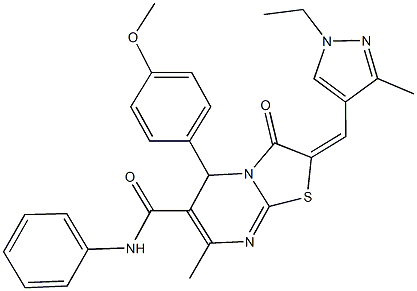 2-[(1-ethyl-3-methyl-1H-pyrazol-4-yl)methylene]-5-(4-methoxyphenyl)-7-methyl-3-oxo-N-phenyl-2,3-dihydro-5H-[1,3]thiazolo[3,2-a]pyrimidine-6-carboxamide 结构式