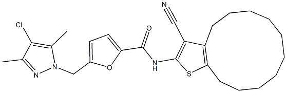 5-[(4-chloro-3,5-dimethyl-1H-pyrazol-1-yl)methyl]-N-(3-cyano-4,5,6,7,8,9,10,11,12,13-decahydrocyclododeca[b]thien-2-yl)-2-furamide Structure